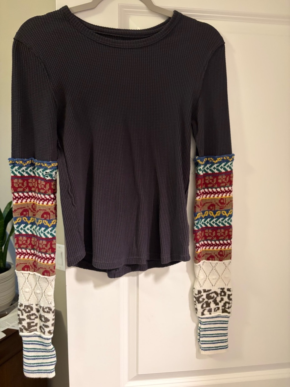We The Free Black Waffle Knit Top with Colorblock Patterned Sleeves
